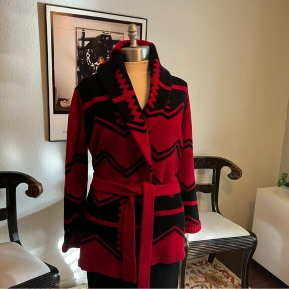 Ralph Lauren Sweaters - Ralph Lauren Vintage Red Black Southwest Aztec 100% Wool Belted Cardigan Sz L